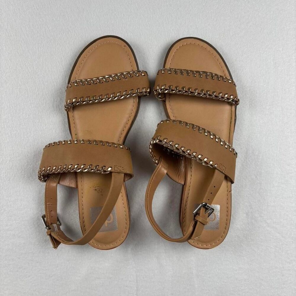 Dolce Vita Tan Leather Sandals Womens 9 Gold Stitch Detail Flat Summer Strappy